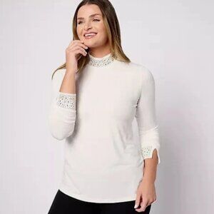 Susan Graver Liquid Knit Embllshd Mock-Neck Top-Vntge Ivory-1X-NEW-A623467